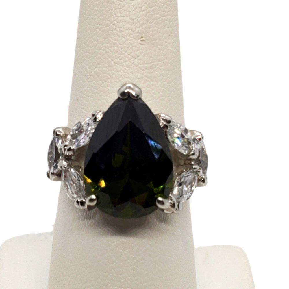 Sterling Silver FAS Ring with Large Green Stone & 6 Clear Stones